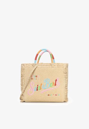 Bolso tote tejido de paja con asas multicolores y "Saint Barth" bordado en letras de colores en la parte delantera con bordes de flecos.
