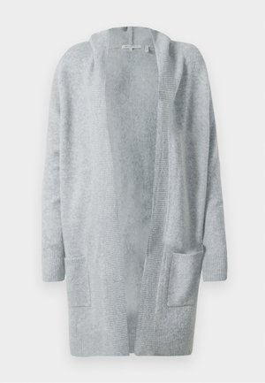 Svijetlo sivi otvoreni pleteni kardigan s dugim rukavima, rebrastim manžetama, rubom i dva prednja zakrpa.