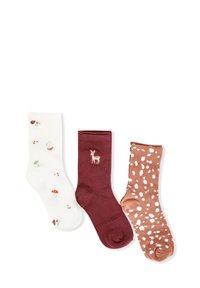 Tre paia di calze: bianche con motivi di funghi colorati, borgogna con ricamo di cervo e marroni con pois bianchi.