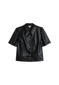 Zwart leren shirt met korte mouwen, een grote kraag, vijf knopen en geplooide pofmouwen. Glad oppervlak en op maat gemaakte pasvorm.