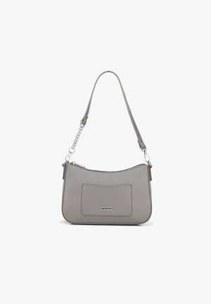 Borsa a spalla in pelle grigia con superficie texturizzata, chiusura a zip e tasca frontale. Presenta una tracolla sottile e regolabile e accenti metallici.