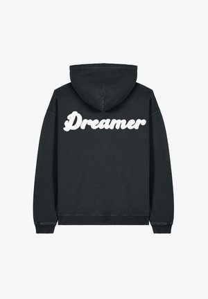 Felpa nera con cappuccio e tasca a marsupio sul fronte, caratterizzata dalla parola "Dreamer" in grande testo bianco a forma di bolla sul retro. Tessuto morbido.