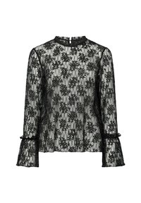 Crna bluza od čipke s cvjetnim vezom, dugim rukavima, visokim ovratnikom i naboranim manšetama. Zatvaranje na leđima s otvorom u obliku kapljice. Lagana tekstura.