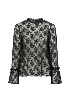 Melna mežģīņu blūze ar ziedu izšuvumu, garām piedurknēm, augstu apkakli un kroku aprocēm. Aizdare ar atveri aizmugurē. Viegls tekstūras materiāls.