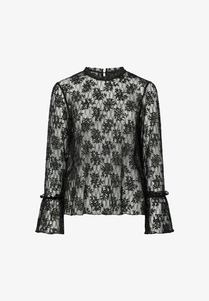 Blusa in pizzo nero con ricami floreali, maniche lunghe, collo alto e polsini arricciati. Chiusura con apertura a goccia sul retro. Tessuto leggero.