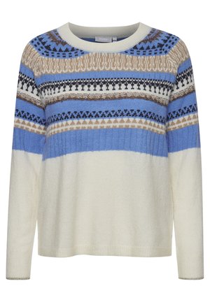 Suéter claro de crema con cuello redondo, mangas largas y un diseño de patrones en rayas horizontales en azul, marrón y negro.