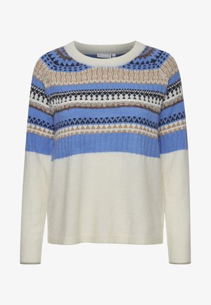 Suéter claro de crema con cuello redondo, mangas largas y un diseño de patrones en rayas horizontales en azul, marrón y negro.