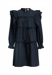 Marineblaues Kleid aus Stoff mit gerafften Lagen, mit langen Ärmeln und elastischen Bündchen sowie einem hohen Kragen mit offenem Rückenteil.