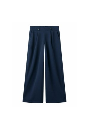 Pantalon large bleu marine raccourci avec plis sur le devant, poches latérales et une ceinture avec deux boutons.
