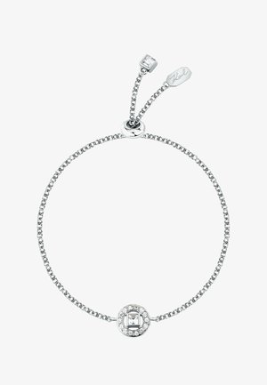 Bracelet chaîne en argent avec un curseur réglable, présentant un cristal carré au centre entouré de petits cristaux ronds.