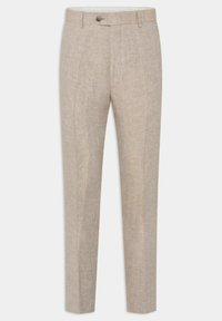 Pantaloni in lino beige con una texture liscia, taglio dritto e chiusura con bottone in vita, caratterizzati da cuciture minime e assenza di tasche visibili.