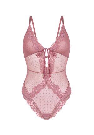 Body en dentelle rose avec résille transparente à pois, bordure en dentelle florale, bretelles réglables et détail de ruban noué au centre devant.
