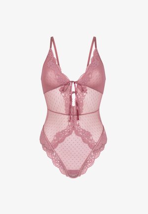Body en dentelle rose avec résille transparente à pois, bordure en dentelle florale, bretelles réglables et détail de ruban noué au centre devant.