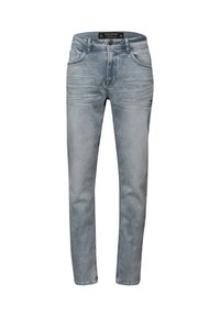 Slim-fit lichtgrijze jeans voor heren met voorzakken, riemlussen, knoopsluiting en subtiele slijtage-effecten op de dijen.
