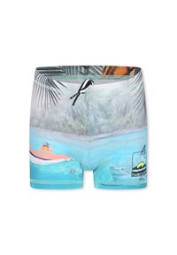 Poikien uimashortsit, joissa on värikäs vedenalainen maisema, jossa on surffilauta, kaloja ja haita. Valmistettu sileästä ja nopeasti kuivuvasta kankaasta, jossa on kiristysnyöri.