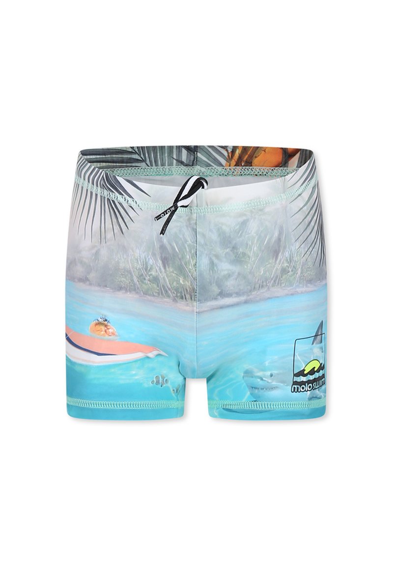 Poikien uimashortsit, joissa on värikäs vedenalainen maisema, jossa on surffilauta, kaloja ja haita. Valmistettu sileästä ja nopeasti kuivuvasta kankaasta, jossa on kiristysnyöri.