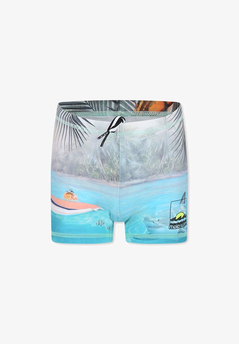Jongens zwemshort met een kleurrijke onderwaterscène met een surfplank, vissen en haaien. Gemaakt van zachte, snel drogende stof met een koord.