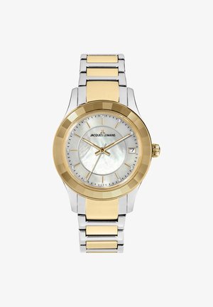 Reloj redondo con una correa de acero inoxidable en plata y oro, esfera blanca perlada, acentos dorados y marcadores de cristal. Incluye una ventana de fecha.