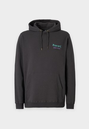 Czarna bluza z kapturem z przednią kieszenią, sznurkami i małym zielono-fioletowym napisem "Ripcurl SHRED 'TIL DEAD" na lewej piersi.