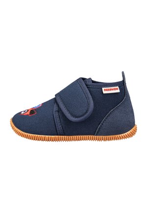 Chaussure en tissu marine avec bande Velcro, semelle en caoutchouc et motif brodé représentant un animal sur le devant. Légère et flexible.