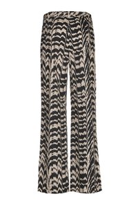 Spodnie o szerokich nogawkach w czarno-kremowym wzorze w zygzak. Lekka tkanina o gładkiej fakturze i dopasowanym pasie z tyłu.