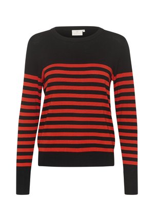 Maglione nero a maniche lunghe con righe rosse orizzontali, collo a giro, polsini e orlo a costine, realizzato in morbido tessuto a maglia.