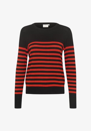 Pull noir à manches longues avec des rayures rouges horizontales, col rond, bords côtelés aux poignets et à l'ourlet, fabriqué en matériau tricoté doux.