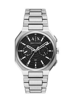 Zilverkleurig Armani Exchange polshorloge met zwarte gestructureerde wijzerplaat, drie subdials, witte markers en metalen schakelarmband, wijzend 10:10:36.