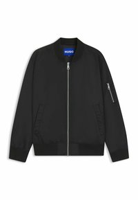 Blouson en cuir noir avec un col et des poignets côtelés. Présente une fermeture éclair sur le devant et des poches latérales. Tissu lisse avec un design structuré.
