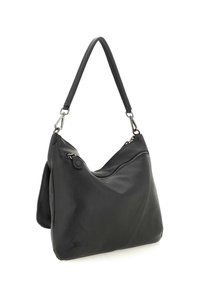 Borsa a spalla in pelle nera con finitura texturizzata, dotata di tasca con zip, tracolla regolabile e forma morbida e rilassata.