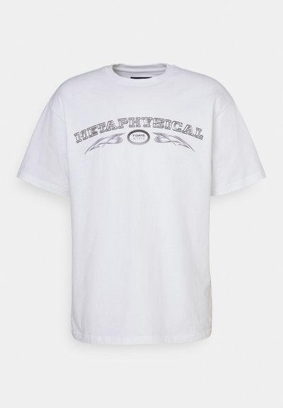 White cotton t-shirt with short sleeves, featuring black graphic print "METAPHYSICAL" and decorative elements across the chest.