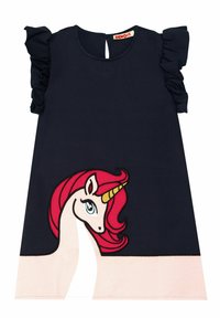 Marineblaues Kleid mit Rüschensäumen, das auf der Vorderseite eine Einhorn-Grafik in Pink und Creme zeigt, mit einem Schlüsselrücken-Design.