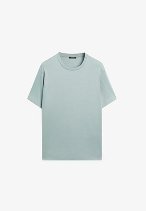 Ein einfaches, hellgraues, kurzärmeliges T-Shirt mit Rundhalsausschnitt, flach auf einem weißen Hintergrund ausgelegt.