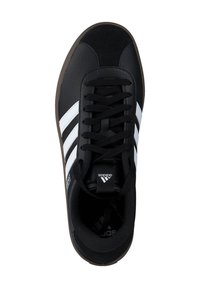 Black athletic shoe made of leather and fabric with three white stripes, a lace-up design, and a rubber sole. Logo visible on the tongue.