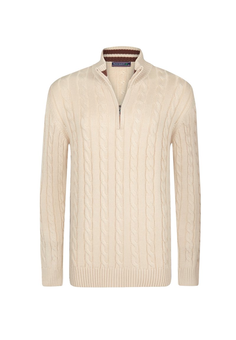 Kermanvärinen palmikkoneulepusero, jossa neljänneksen vetoketjukaulus. Mallissa on resorit hihansuissa ja helmassa, kuvioitu kuviointi sekä kontrastivärinen sisäkaulus.