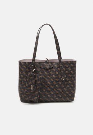 Tote bag in black synthetic material with a brown geometric pattern, featuring two long handles and a small detachable tag. Silver hardware accents.