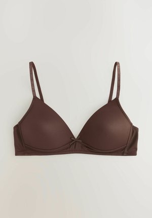 Brun trekantet bh lavet af glat stof. Har tynde stropper og en dekorativ sløjfe detalje i midten. Sømløst design.