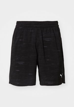Black athletic shorts with a textured design, elastic waistband, and a small white logo on the lower right side. Lightweight fabric.