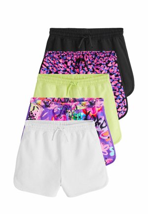 Five pairs of women's elastic waist shorts stacked, featuring solid black, pink-purple leopard print, neon green, multicolor graffiti, and solid white.