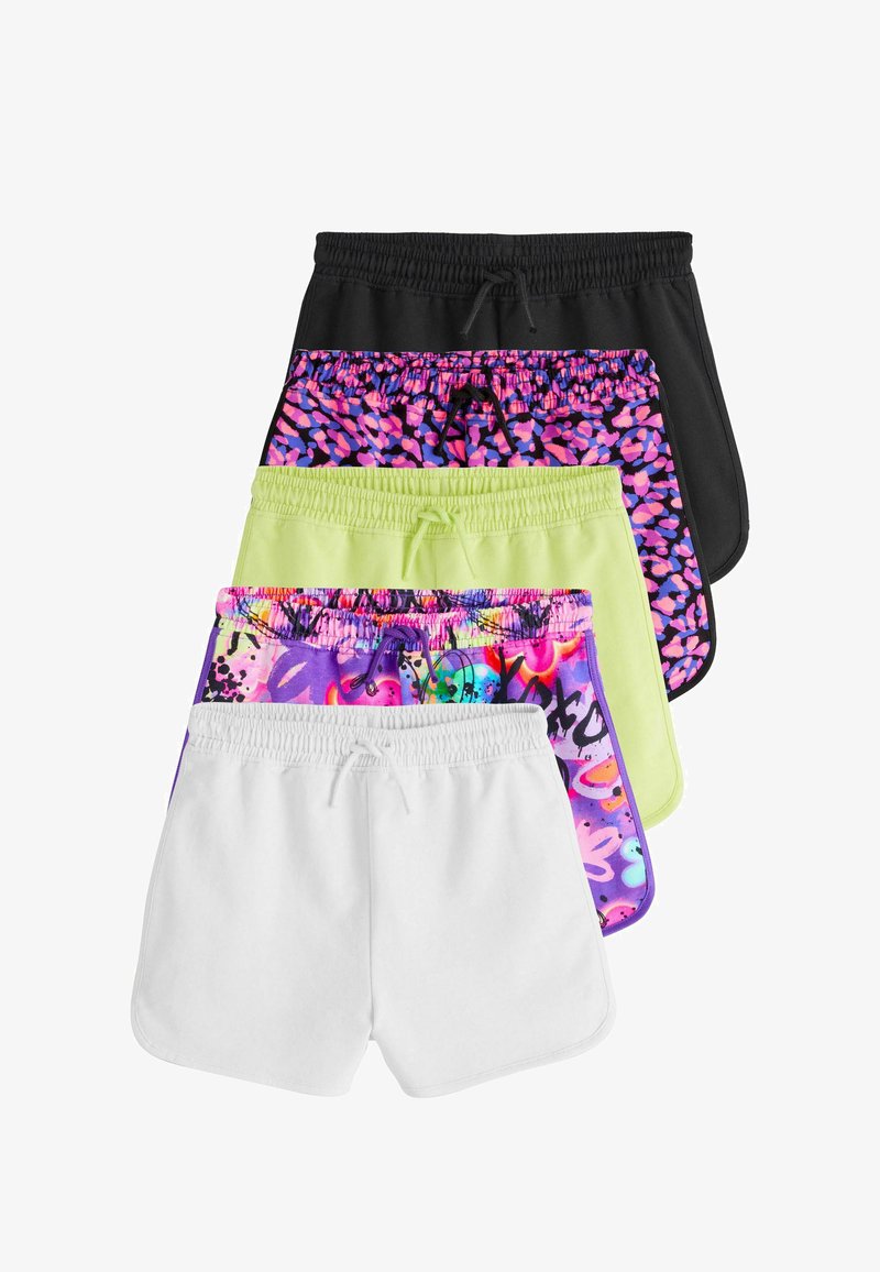 Cinq paires de shorts pour femmes à taille élastique empilées, comprenant un noir uni, un imprimé léopard rose-violet, un vert néon, un graffiti multicolore et un blanc uni.