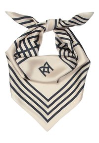 Eșarfă din mătase de culoare bej cu dungi diagonale negre și modele geometrice, având un design cu nod legat și un monogramă centrală.