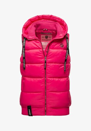 Spilgti rozā pūkains veste ar noņemamu kapuci, priekšējo rāvējslēdzēju, pielāgojamām siksnām un logotipa akcentiem. Raksturīga ar izšūtu dizainu un mīkstu tekstūru.