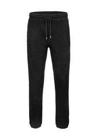 Schwarze Jogginghose mit elastischem Bund, verstellbarem Kordelzug und schmalen Bündchen. weicher Stoff; mit minimalen Designelementen.
