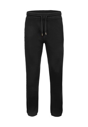 Zwarte sweatpants met een elastische tailleband, verstelbaar trekkoord en aansluitende boorden. Zachte stof; heeft minimale designelementen.