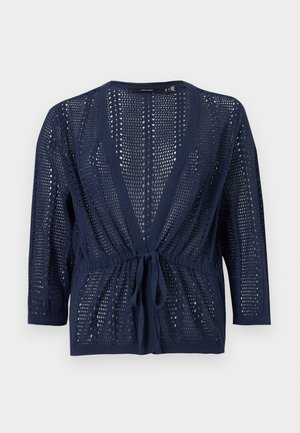 Marineblå åpen strikket cardigan med lange ermer og knyting foran, med V-hals og teksturert mønster over hele plagget.