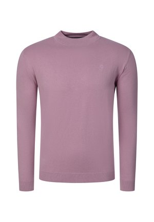 Mauve trui met lange mouwen en ronde hals, subtiel gestructureerd logo op de linkerborst en geribde boorden en zoom.