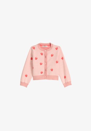 Hellrosa Kinder-Cardigan mit roten Erdbeermustern, Rundhalsausschnitt, Knopfleiste vorne und gerippten Bündchen und Saum.