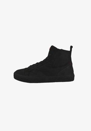 Black high-top sneakers with a textured upper, smooth toe cap, flat rubber sole, lace-up design, and red accent detail on the heel.