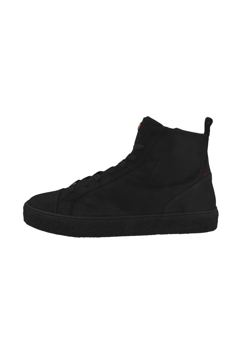 Black high-top sneakers with a textured upper, smooth toe cap, flat rubber sole, lace-up design, and red accent detail on the heel.