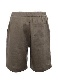 Brązowe lniane szorty z elastycznym pasem, jedną tylną kieszenią i podwiniętymi nogawkami. Lekka faktura, casualowy design.